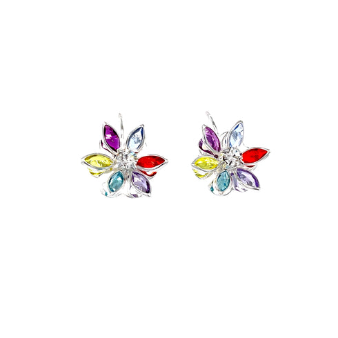 Exquisite earrings named "Multicolor Birth Stones and Zirconia Silver filled Earrings" showcase flower-shaped designs with vibrant petals in red, yellow, purple, and blue hues. Each flower is centered with a dazzling clear gemstone against a plain white background.